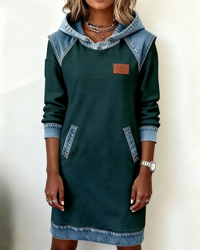 Denim Patch Hoodie Dress 🍂
