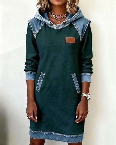 Denim Patch Hoodie Dress 🍂