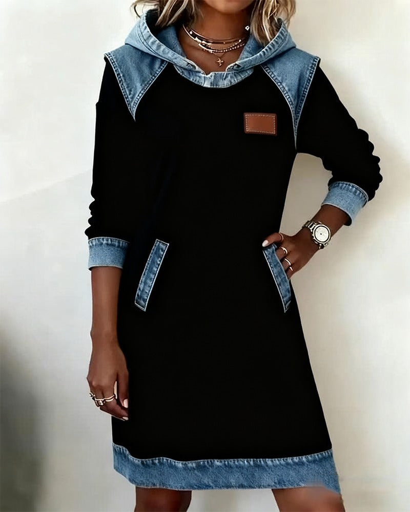 Denim Patch Hoodie Dress 🍂