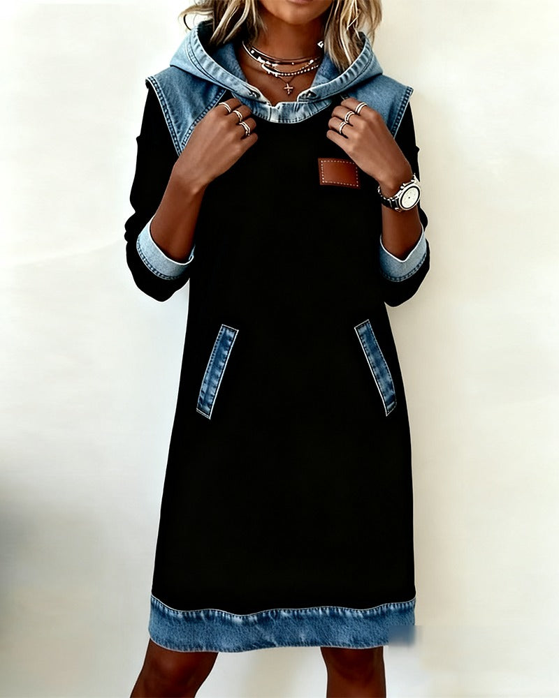 Denim Patch Hoodie Dress 🍂